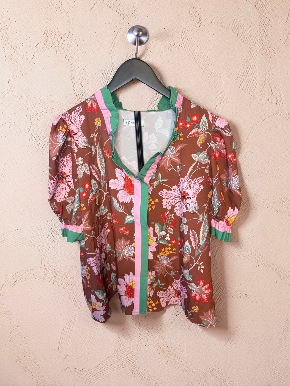Brown Floral Puff-Sleeve Blouse with Pink & Green Trim